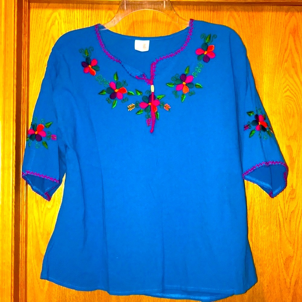 NEW Hand Embroidered Guatemalan Cotton SS Tunic Top colorful bright blue